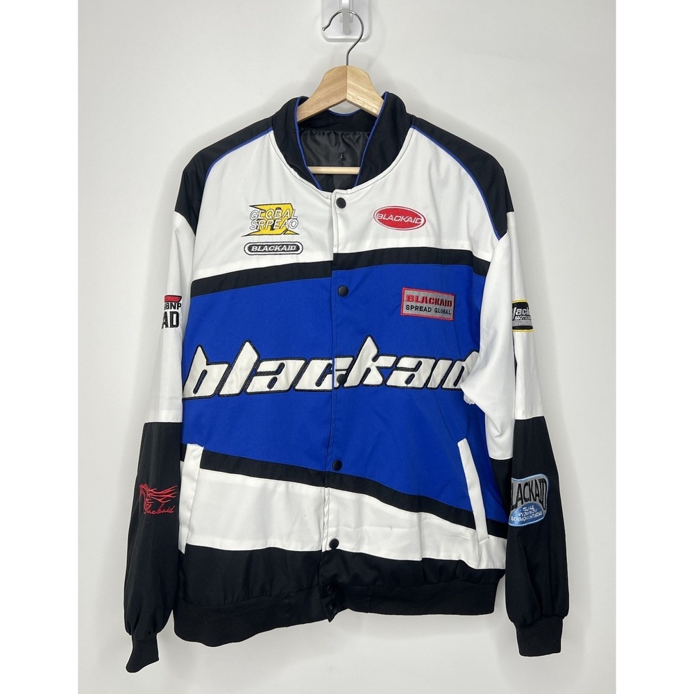 Aelfric Eden Blackair Jacket Mens Large Blue Racing Moto Embroidered Snap Button